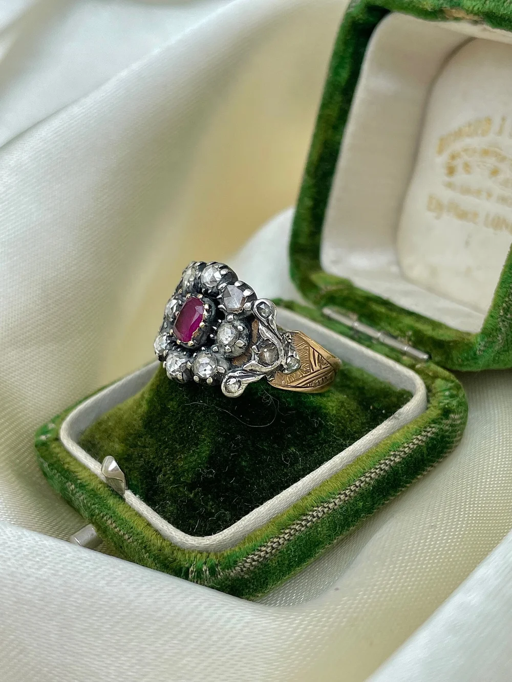 Georgian Rose Cut Diamond Ruby Cluster Ring Yellow Gold Silver