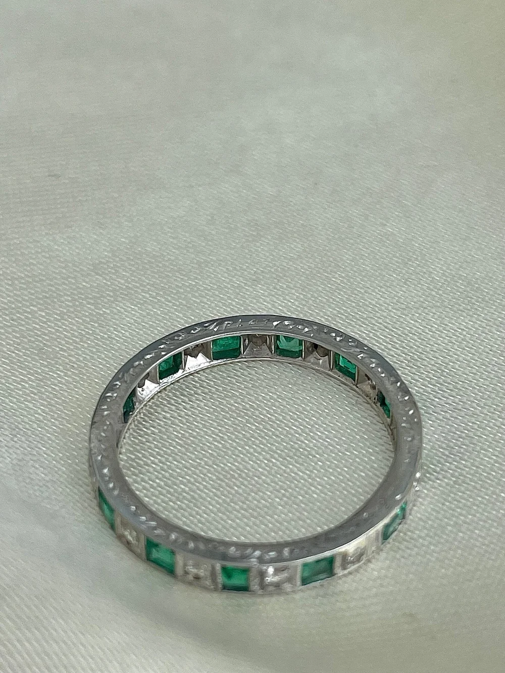 Art Deco Platinum Emerald and Diamond Full Eternity Band Ring Gembank1973
