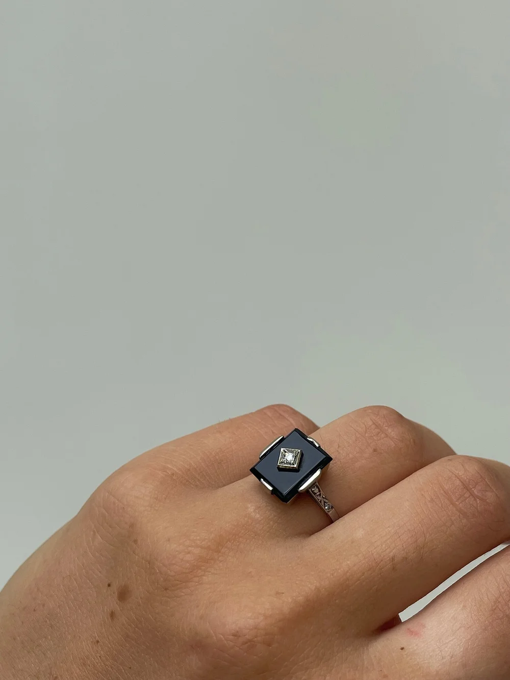 Art Deco Platinum Onyx Panel Diamond Ring — Gembank1973