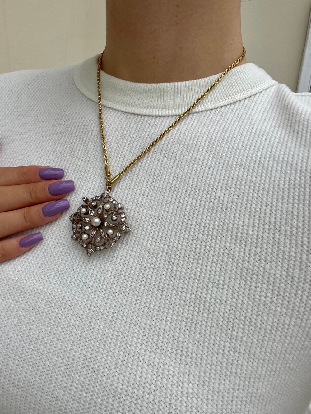 Antique Large Diamond and Pearl Flower Brooch with Flip Up Pendant Loop in  Gold — Gembank1973