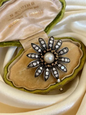 Large Antique Diamond and Pearl Flower Brooch in Gold Backed