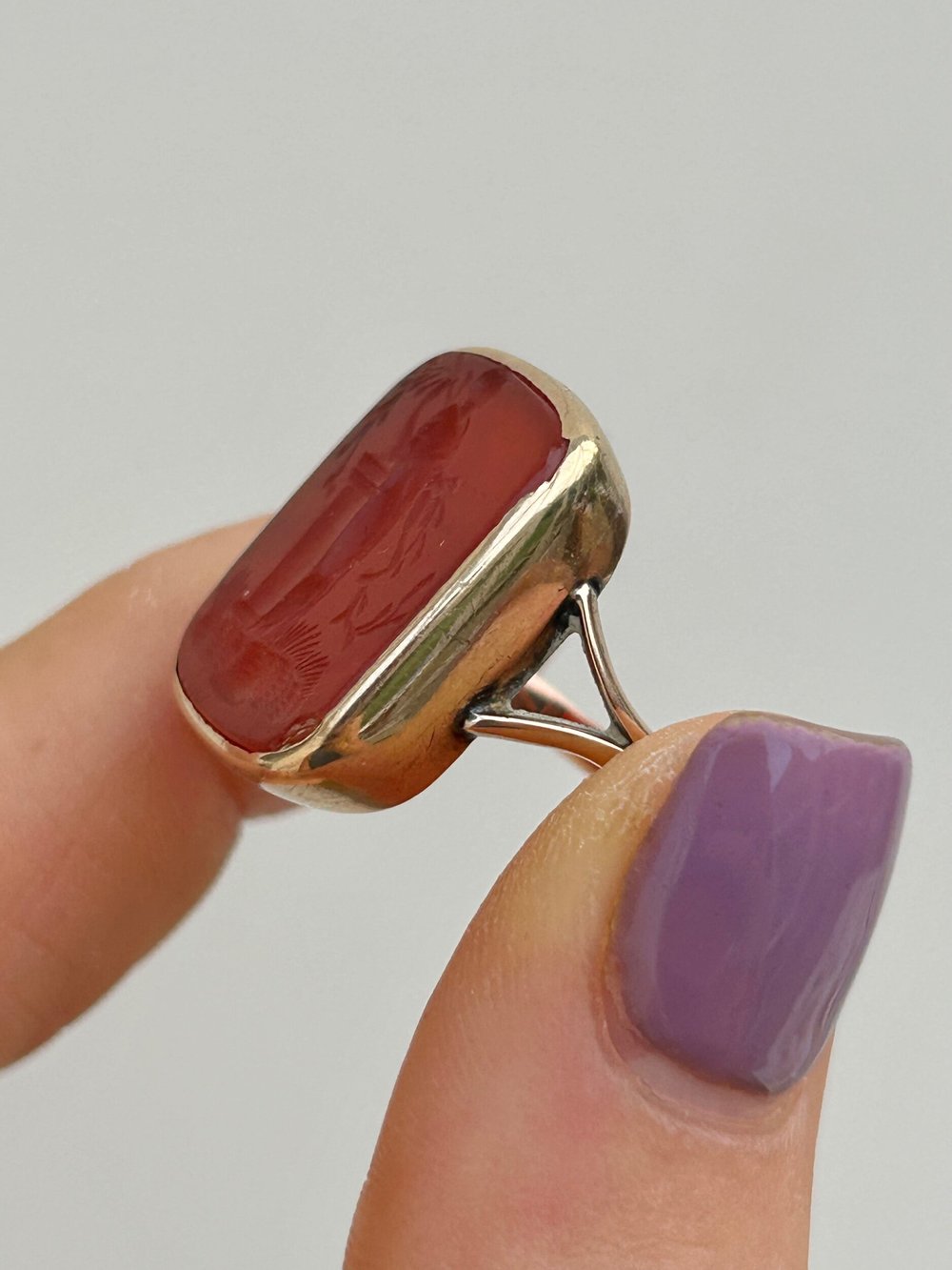 Chunky Antique Carnelian Intaglio Signet Ring in Yellow Gold