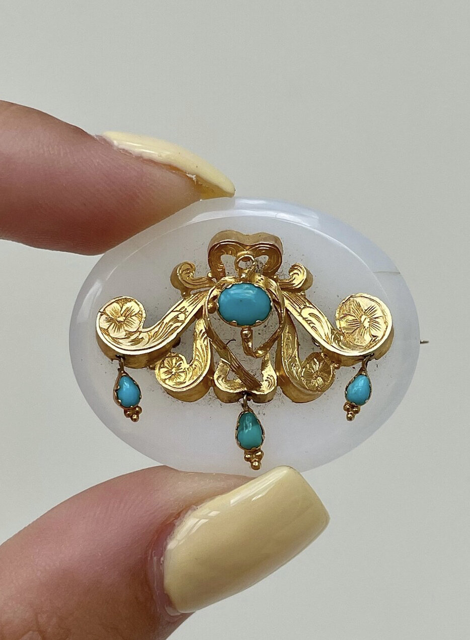 Antique Boxed Gold, Turquoise and Chalcedony Brooch
