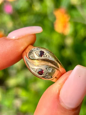 Vintage 9ct Gold Ruby and Diamond Double Snake Ring
