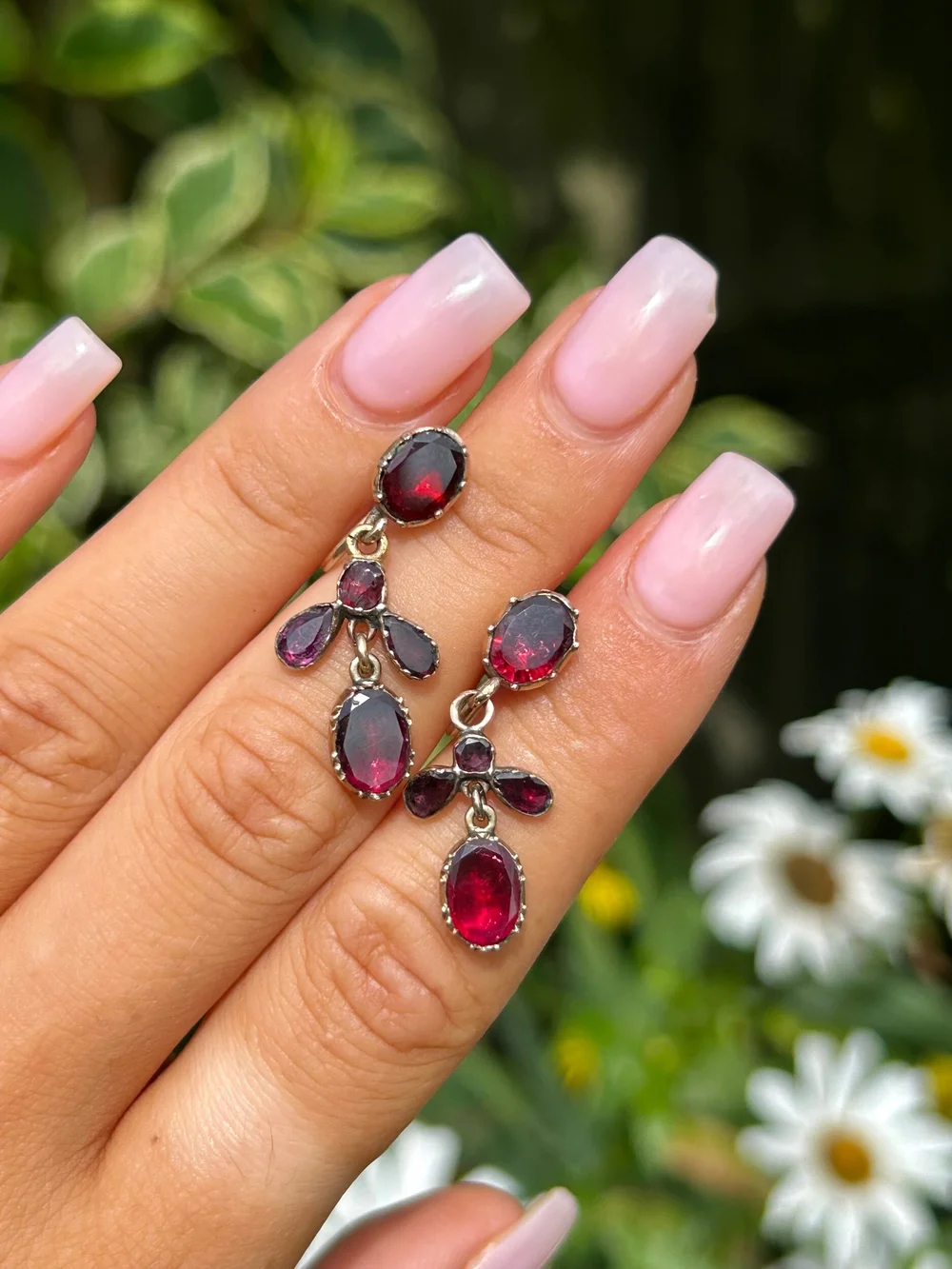 Antique Gold Flat Cut Garnet Drop Earrings — Gembank1973