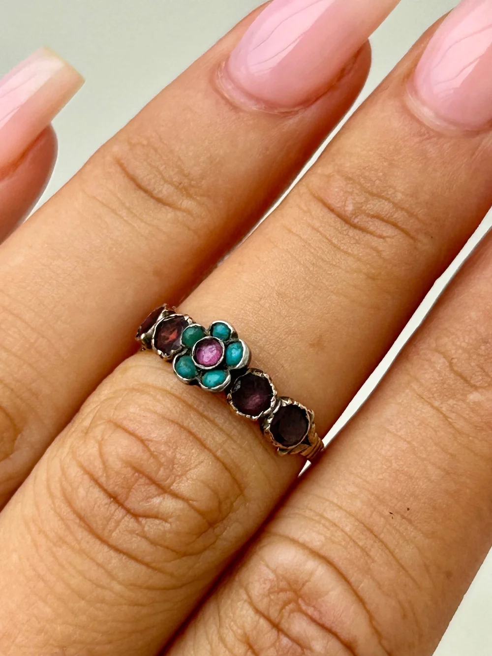 Georgian Era Flat Cut Garnet and Turquoise Flower Half Hoop Ring in Gold Gembank1973