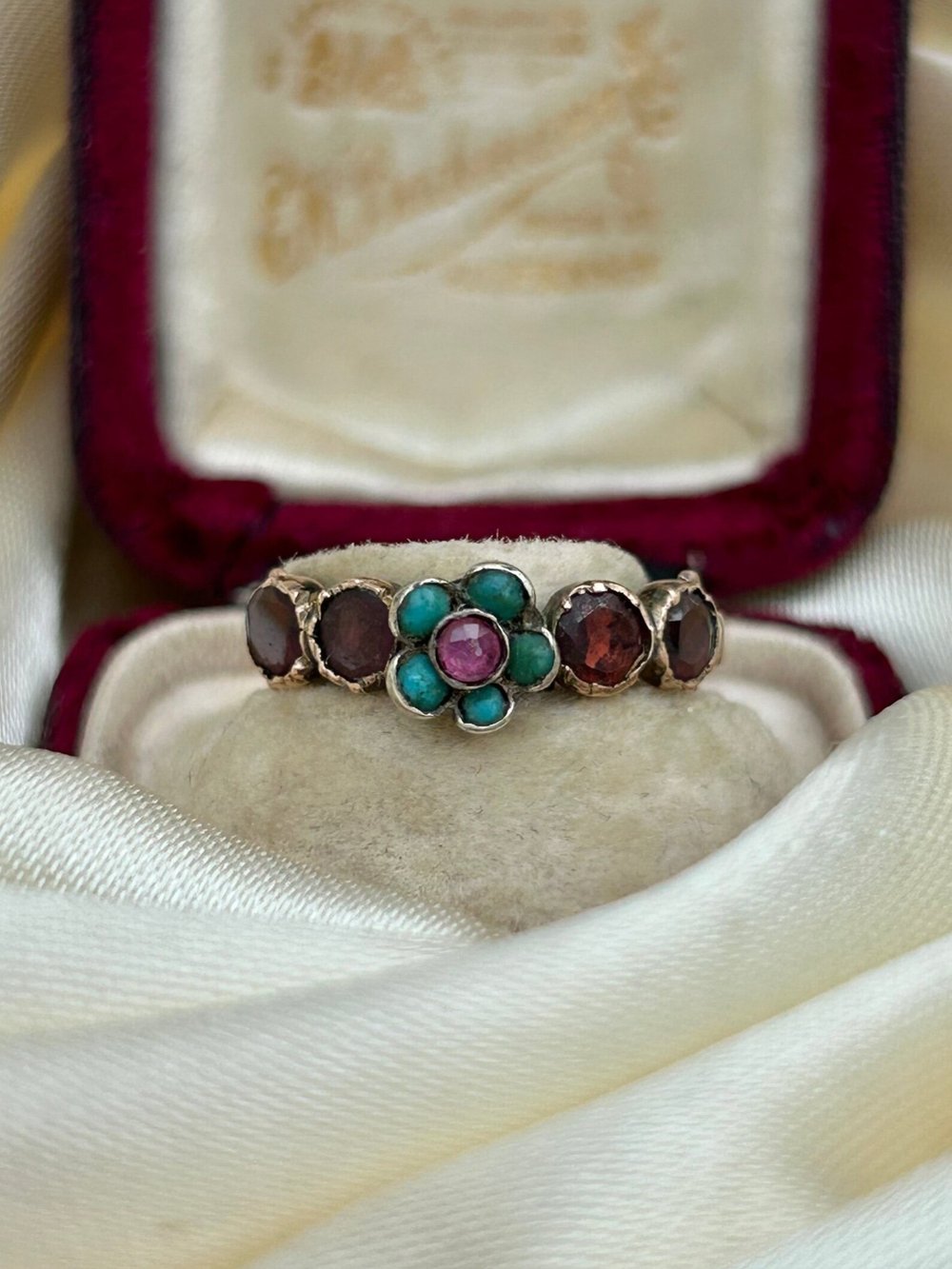 Georgian Era Flat Cut Garnet and Turquoise Flower Half Hoop Ring 