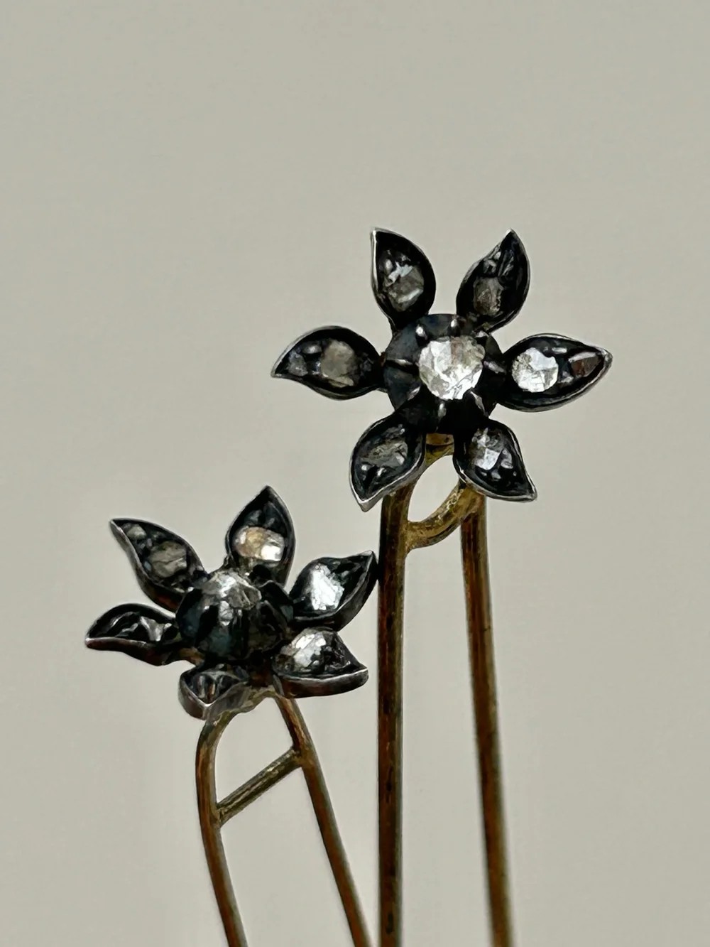 FENDI パール ヘアピン Pair of Antique c.1850 Rose Cut Diamond Flower Hair Pins
