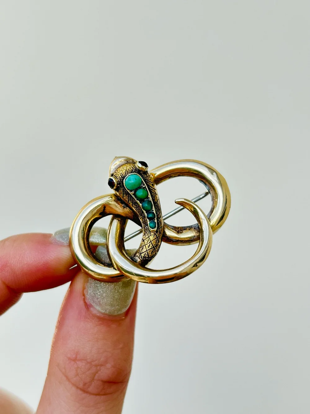 Antique Gold Snake Brooch with Turquoise Head & Cabochon  display picture 2