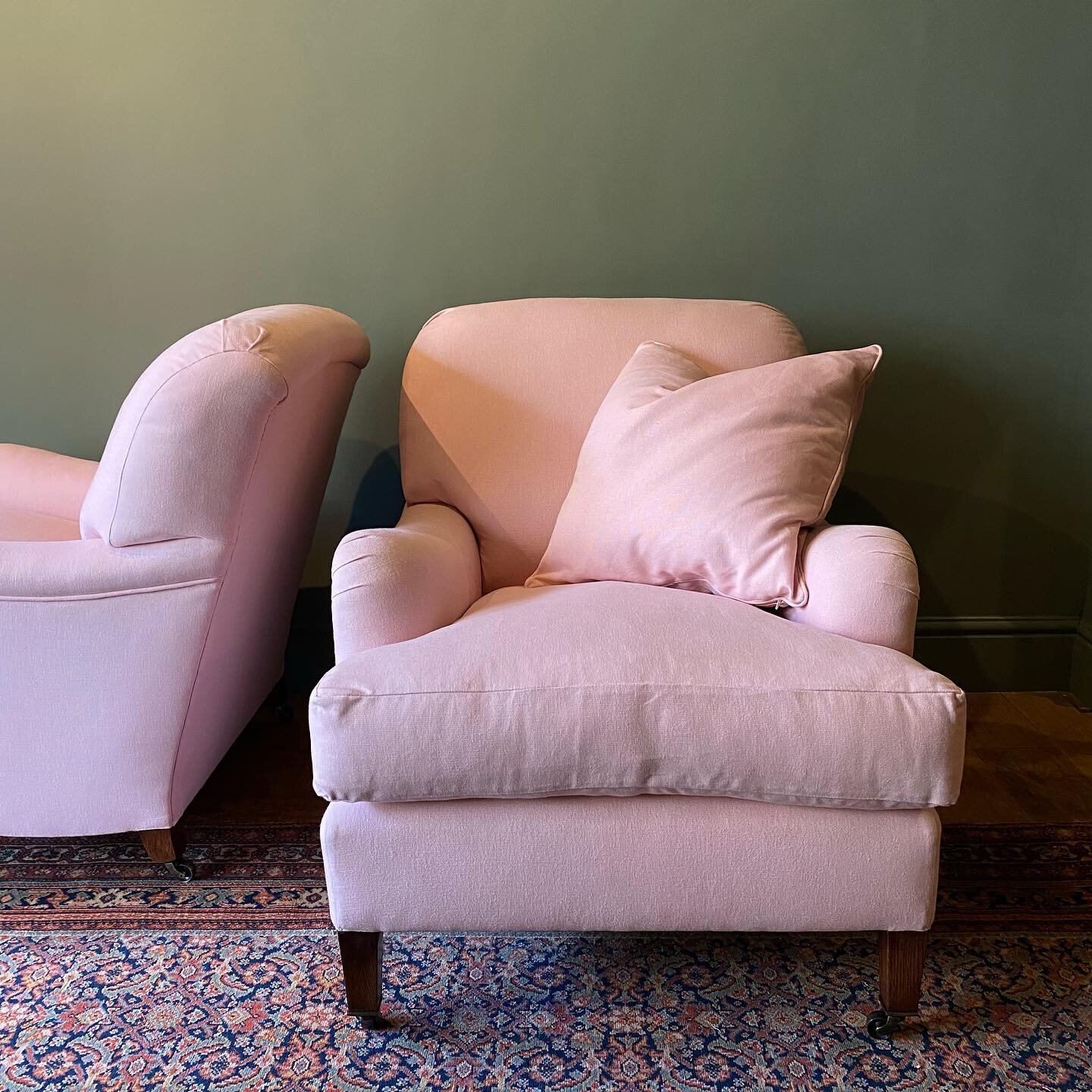 Available for immediate purchase. 

A newly made pair of Angus armchairs by Noble. Based on the Bridgwater by Howard and Sons.

Locally made and upholstered in a pale pink heavy weight linen. Can be sold separately or made to order in a fabric of you