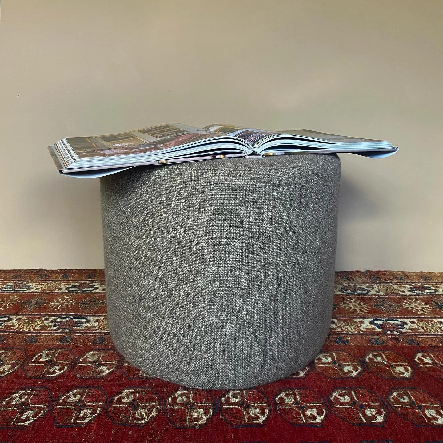 A ready made short drum stool / foot stool in de Le Cuona Warrior Cloth linen (Lair). The short stools measure at 40cm tall which are more appropriate for a traditional footstool. 

The upholstery is carried out in Tetbury. We use FSC rated timbers t
