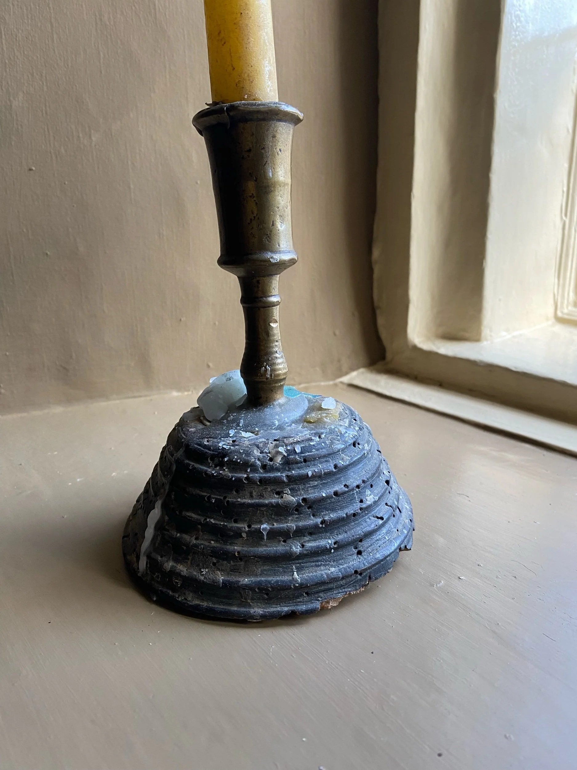 Early Brass Candlestick with Turned Wooden Base