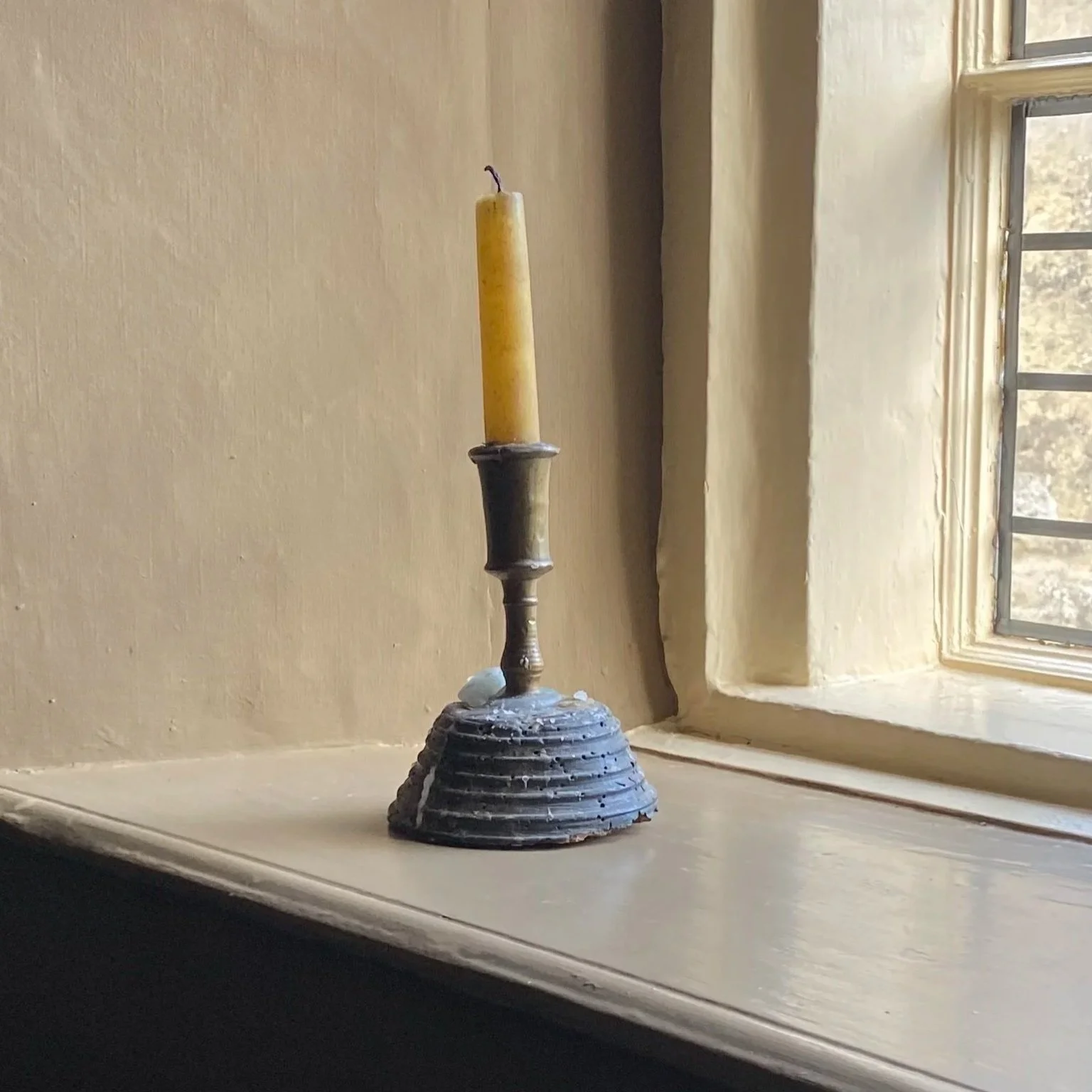 Early Brass Candlestick with Turned Wooden Base