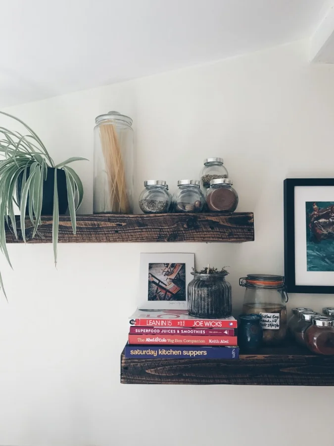 Reclaimed wooden shelves purchased from eBay are great for displaying colourful spices (and pickled eggs if you like that kind of thing!)