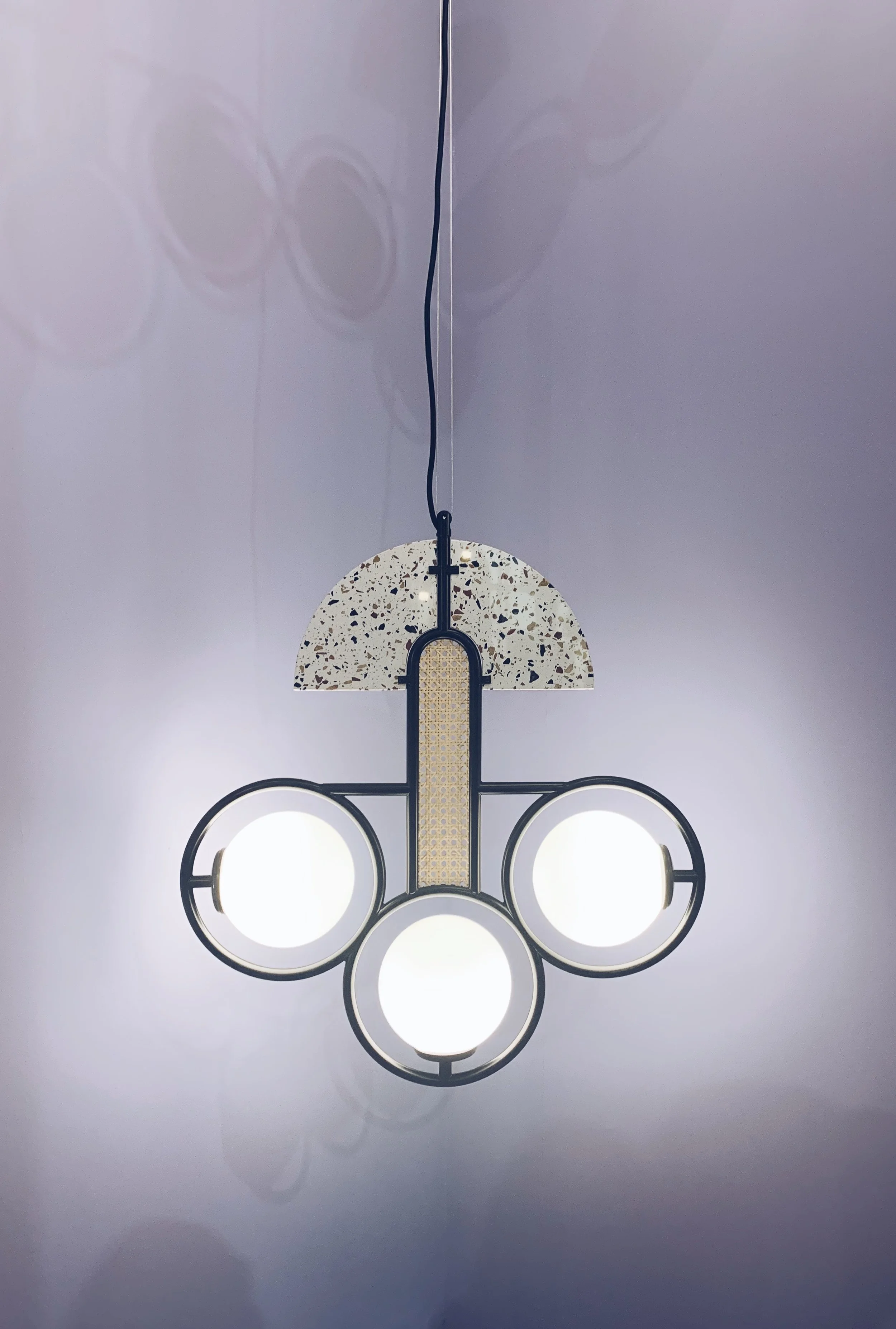 Utu Frame 1 Suspension Light, Milan Design Week 2019. Terrazzo and Cane weave combined!