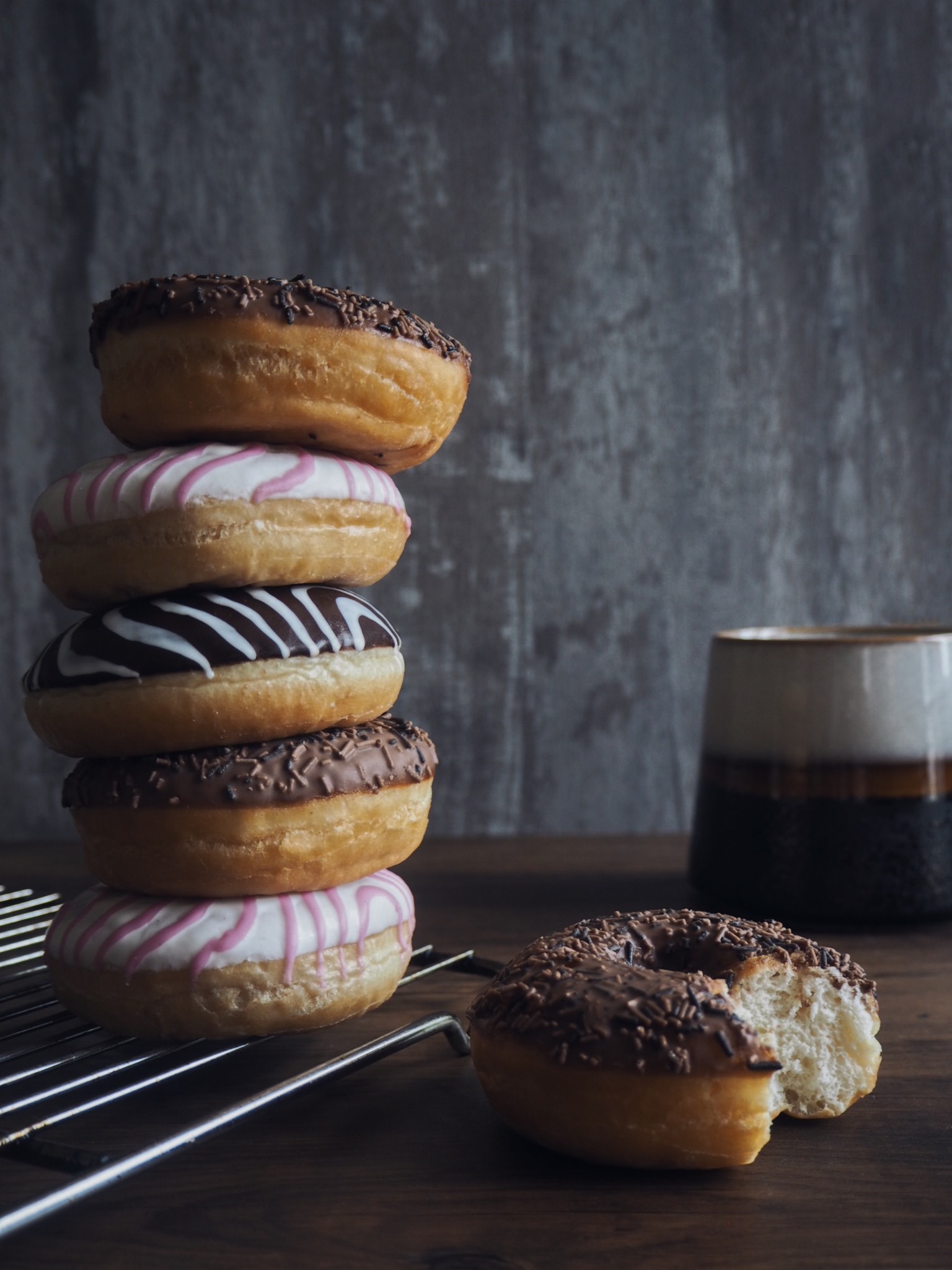 Stacked doughnuts and mug