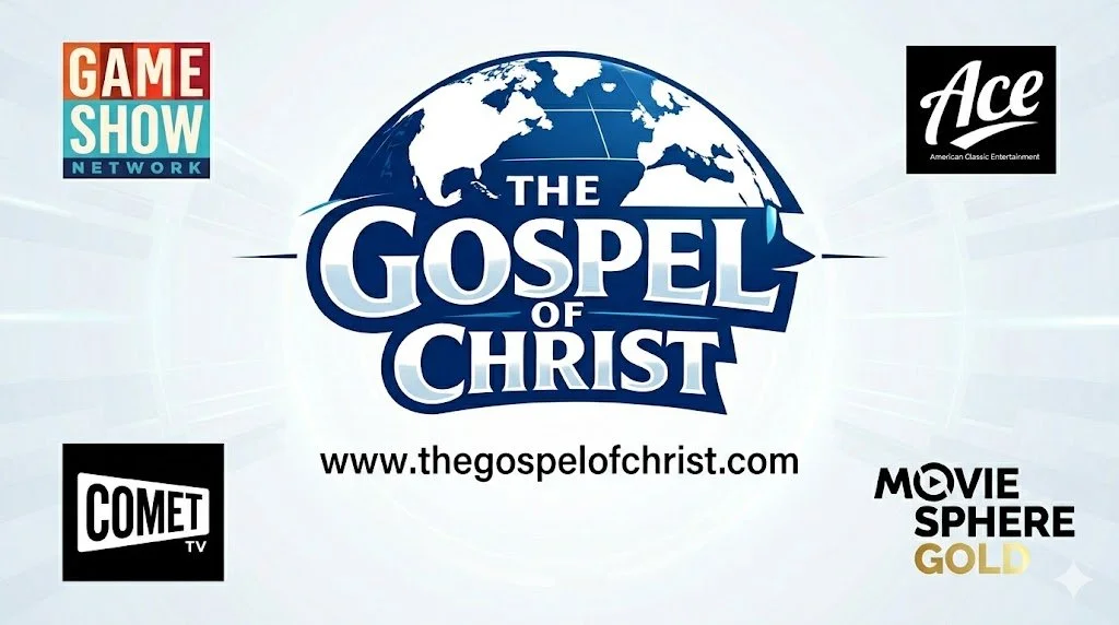 A promotional graphic for 'The Gospel of Christ' with a globe illustration, and logos of Game Show Network, Ace, COMET TV, and Movie Sphere Gold, along with a website URL.