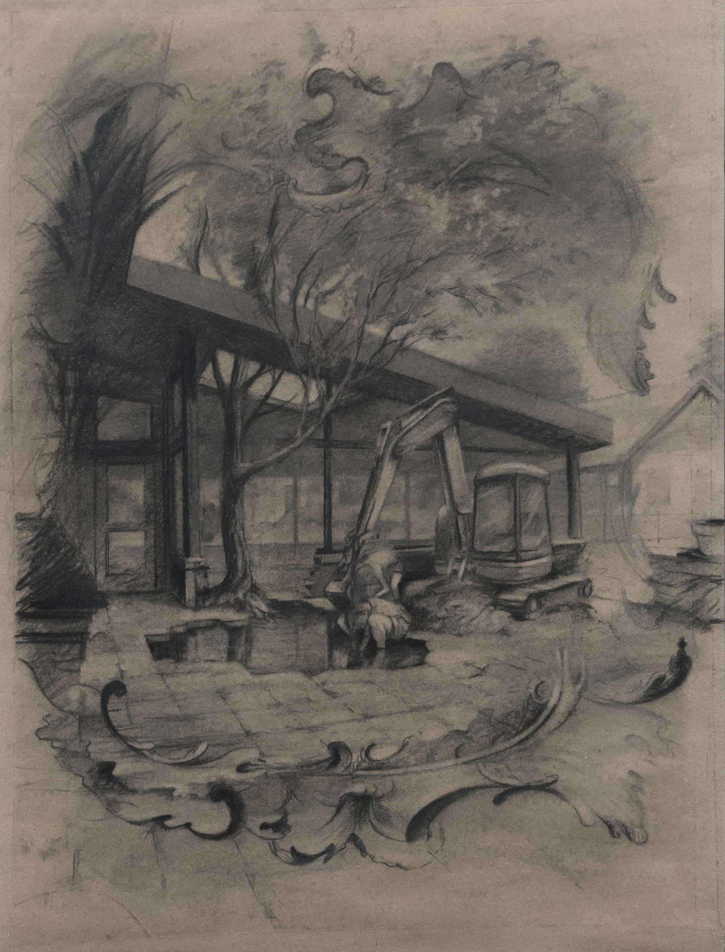   Wishing Well (KJM) , 2018  charcoal on brown paper  19 x 15 in.       