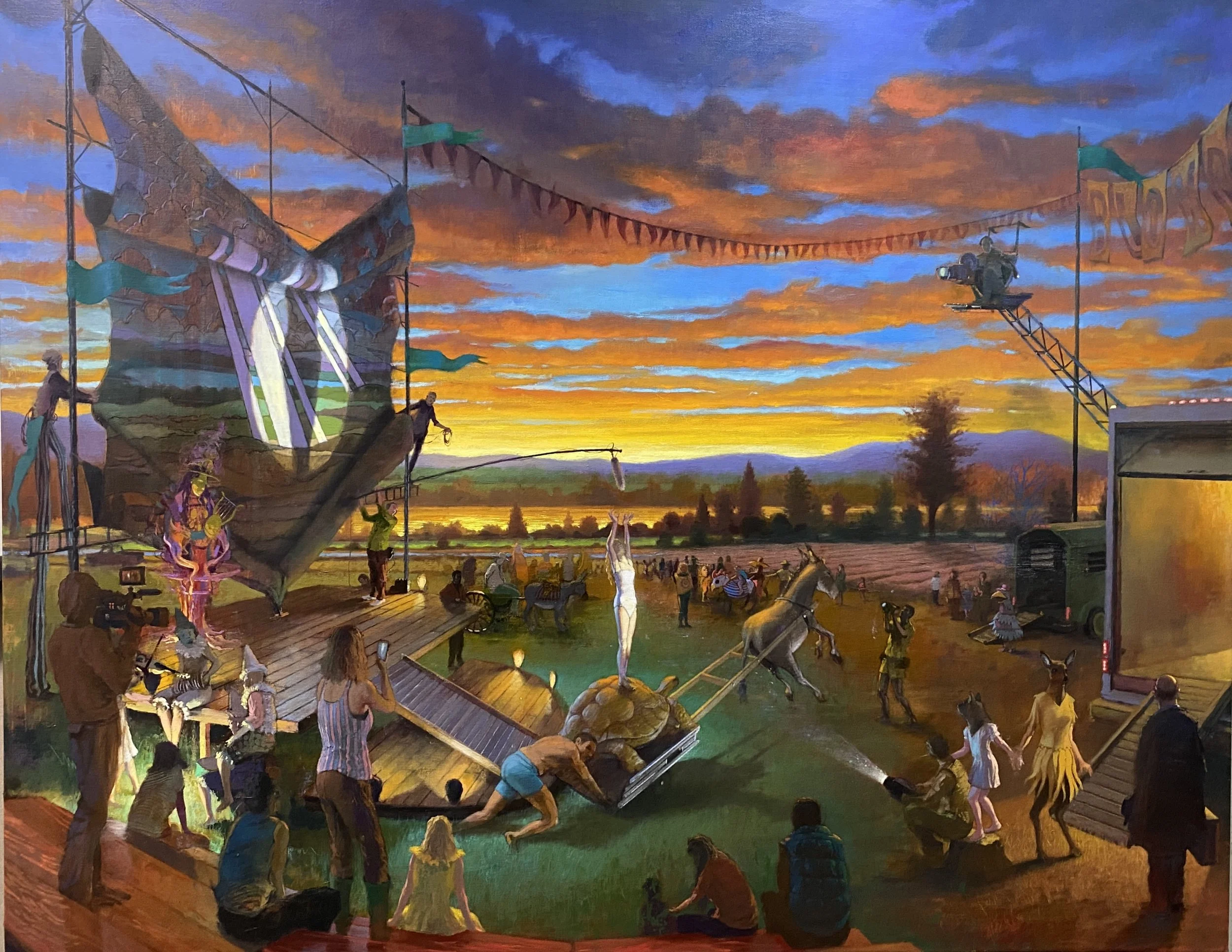    Blondine Descends the Stage    2024, o/c,  50 × 64 in.   