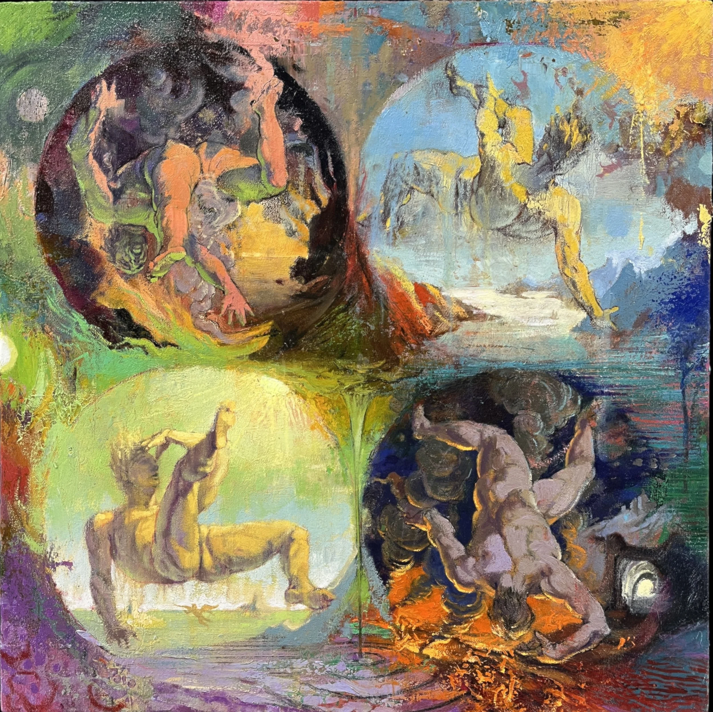    Four Disgracers  (after Goltzius)    2024, o/c,  22 × 22 in.   
