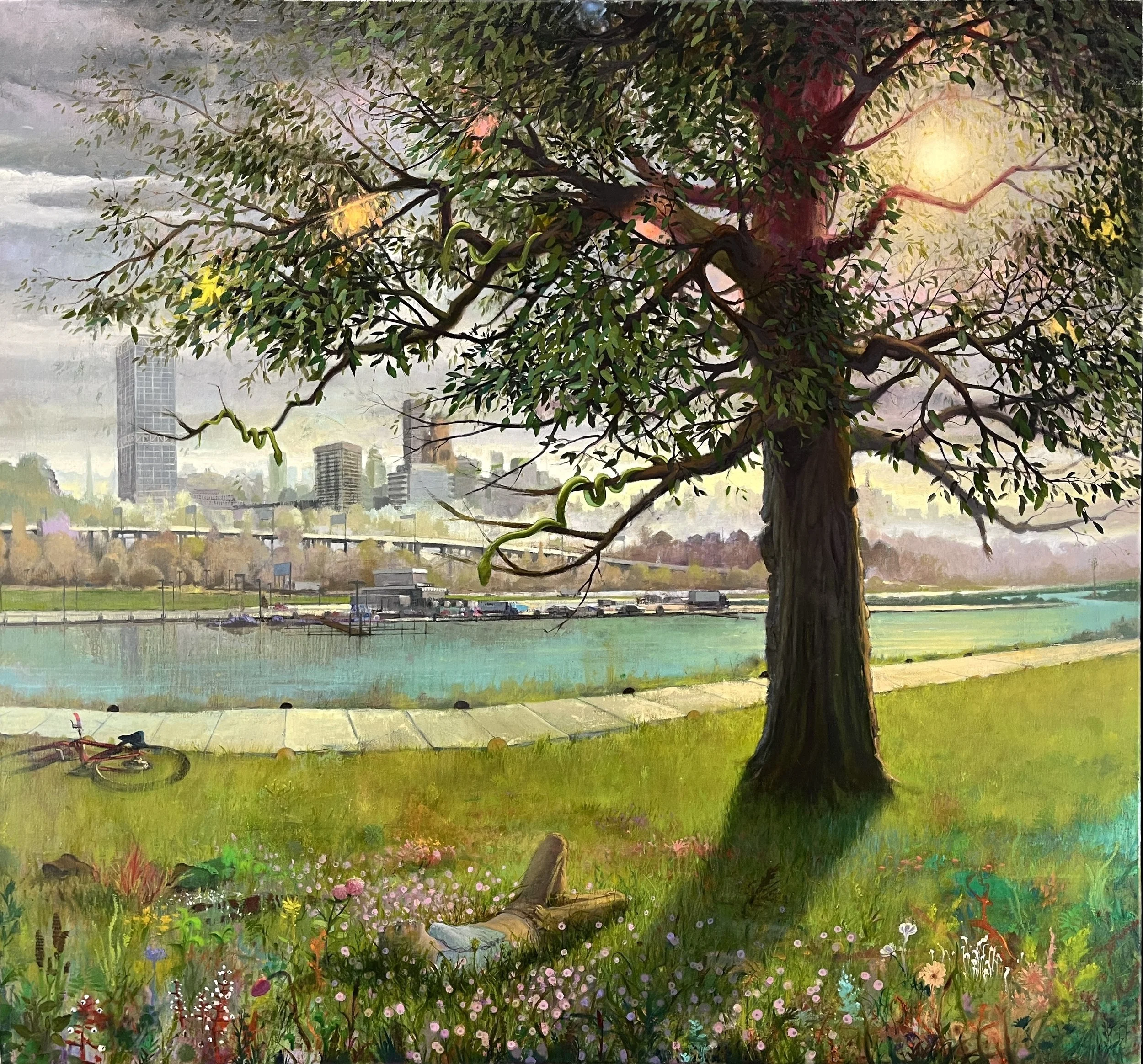    Three Snakes    2025, o/c,  50 × 54 in.   