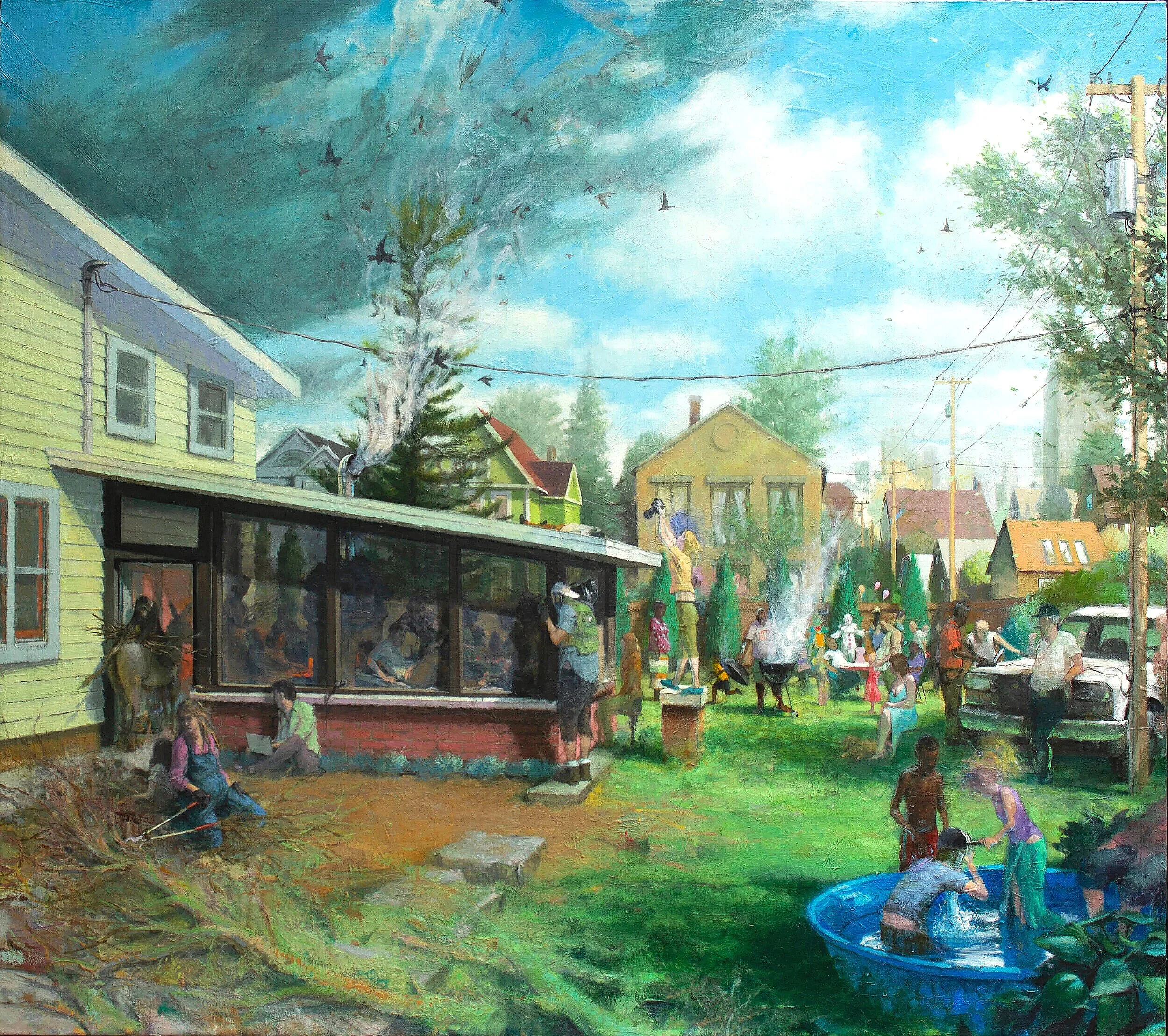    Back Yard Remedy (by Fire)  , 2021  oil on canvas on panel,  48 x 52 in.  .   