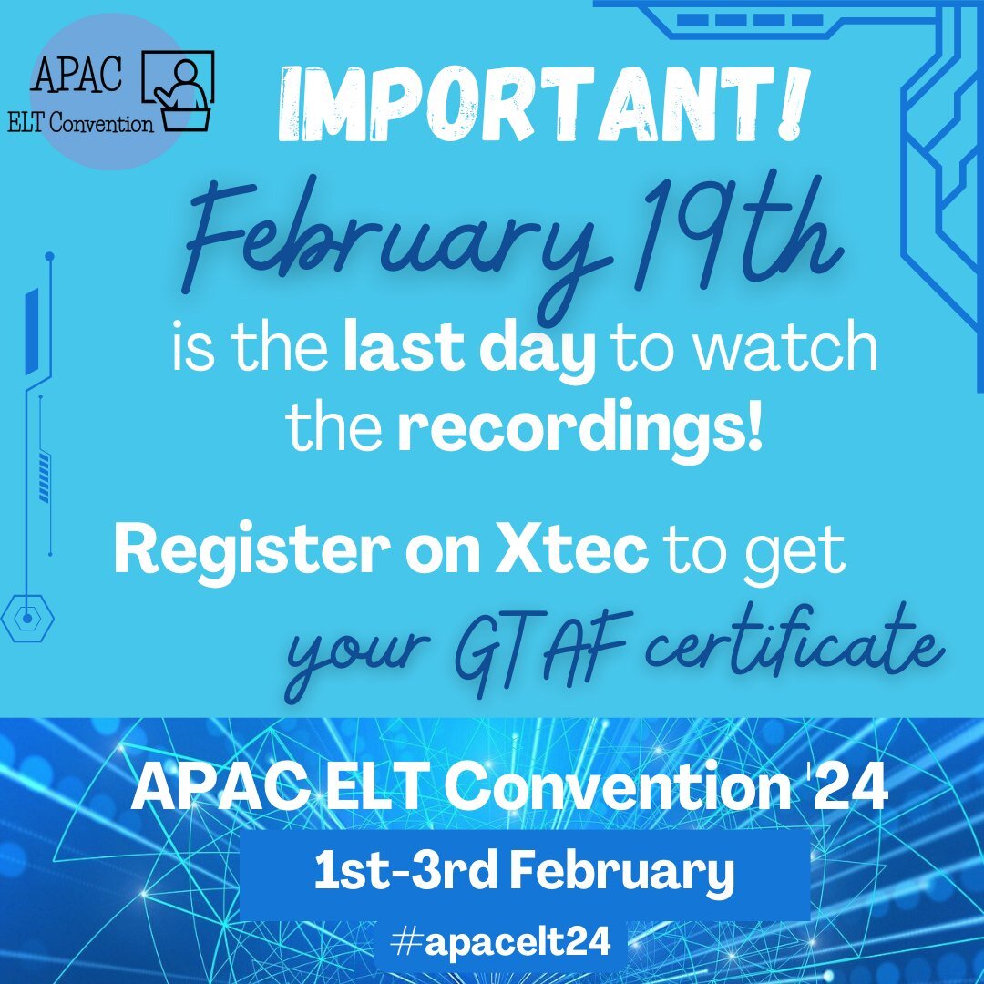 🚨IMPORTANT!🚨

February 19th is THE day!

This is the deadline to watch the recorded sessions and get certified for the #apacelt24 Convention. 

It's also the deadline to input your information on Xtec so APAC can add all the hours you certify. If y