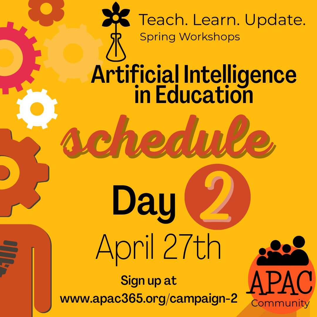 Day #2 schedule of this year's Spring Workshops. With @indianaeva, @carloslindade @fundamentalelt @applejux. Three really hands-on workshops to fully take advantage of AI in your lessons. Plus a final raffle for a chance to win two tickets for @innov