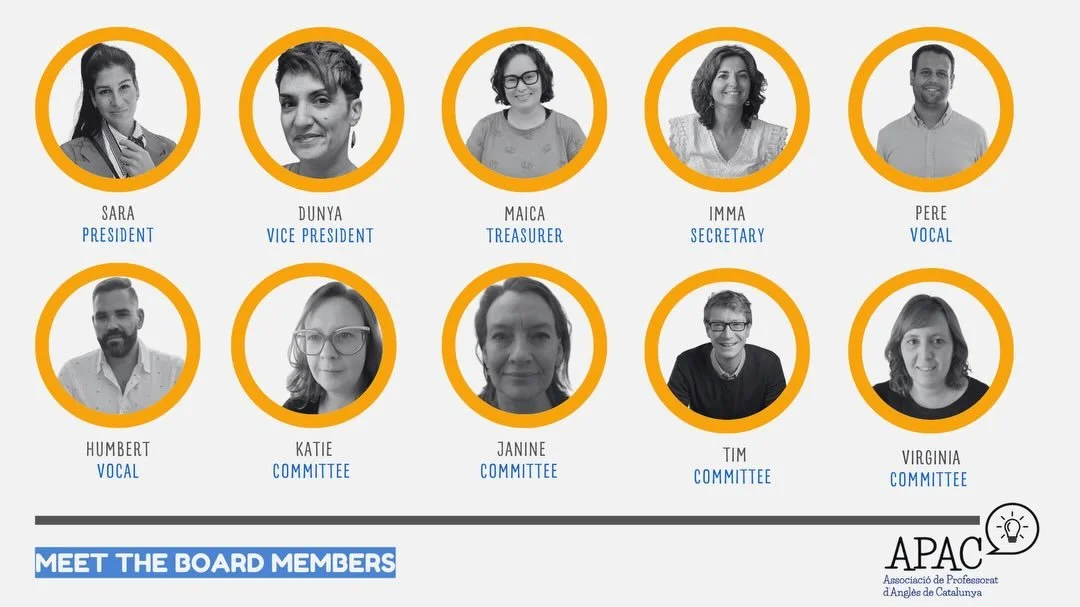 Meet the new APAC Board! 🧡

We&rsquo;re thrilled to introduce the passionate team guiding APAC forward! Our mission is to grow our community, share resources, and support English teachers across Catalonia.

📢We&rsquo;re excited to hear your ideas, 