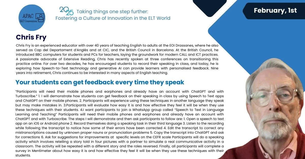 🎉 Join us at the APAC ELT Convention 2025! 📚✨

📅 Saturday, February 1st
📍 Pompeu Fabra University (Barcelona)

This Saturday, don&rsquo;t miss the chance to connect, learn, and grow at one of the most inspiring events for English teachers! 🌍 

?