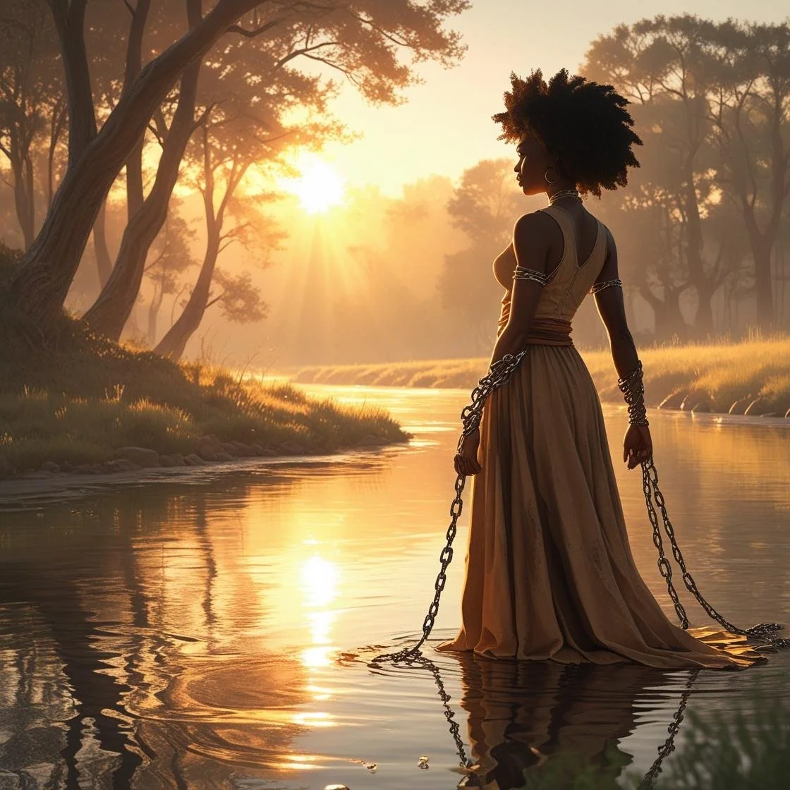 A symbolic scene of a Black woman standing at the edge of a peaceful river at sunrise, with broken chains falling from her wrists. Her posture is strong yet relaxed, facing the rising sun with a calm, grounded expre.jpg