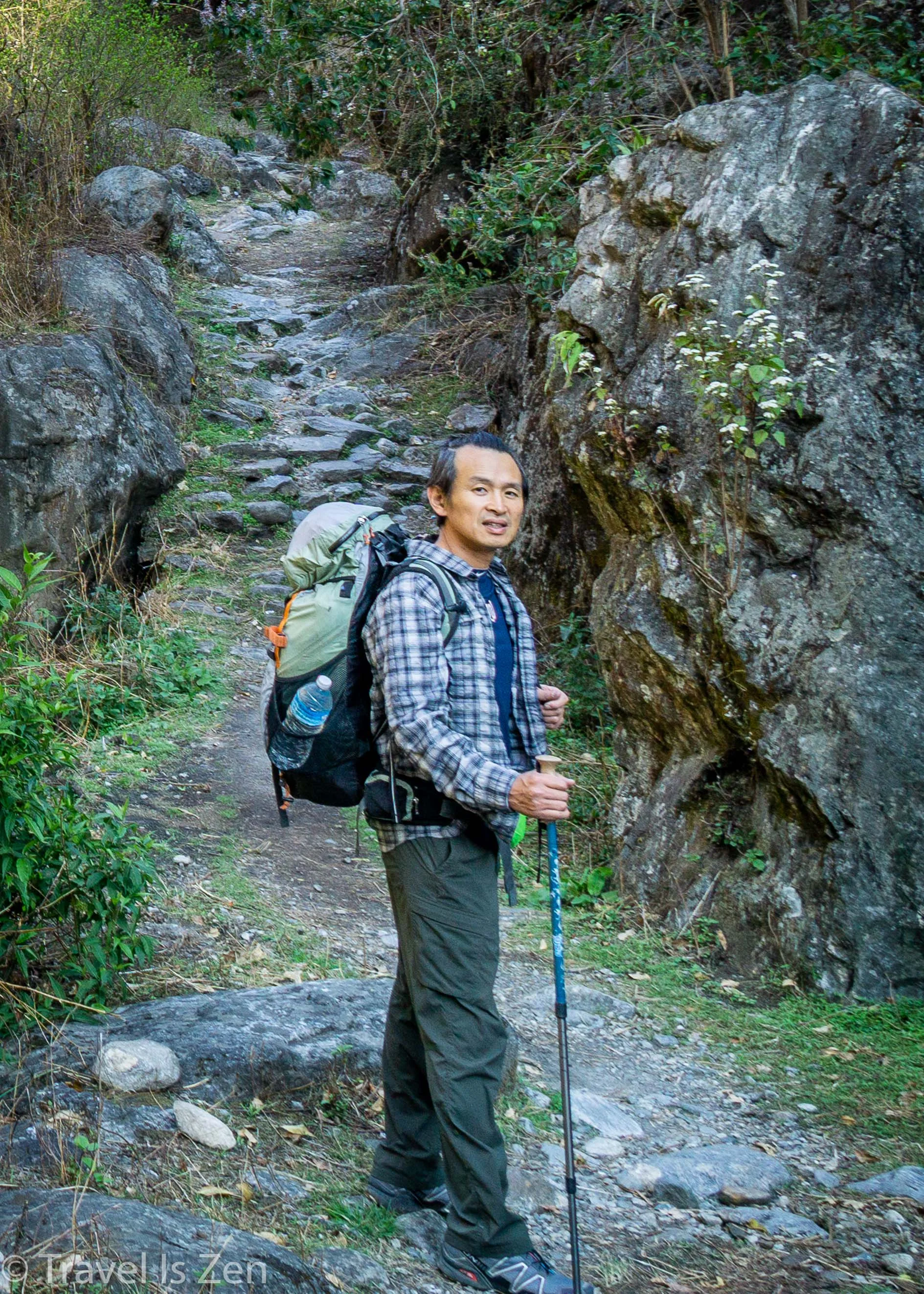 Caffrey's REI 65-liter pack comfortably carrying about 22 pounds (10 kg)