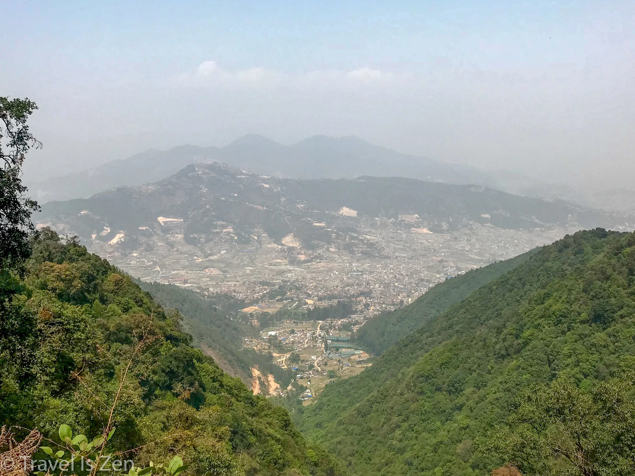 View of Thankot (in the valley) from the top of trail. Kathmandu in the distance.