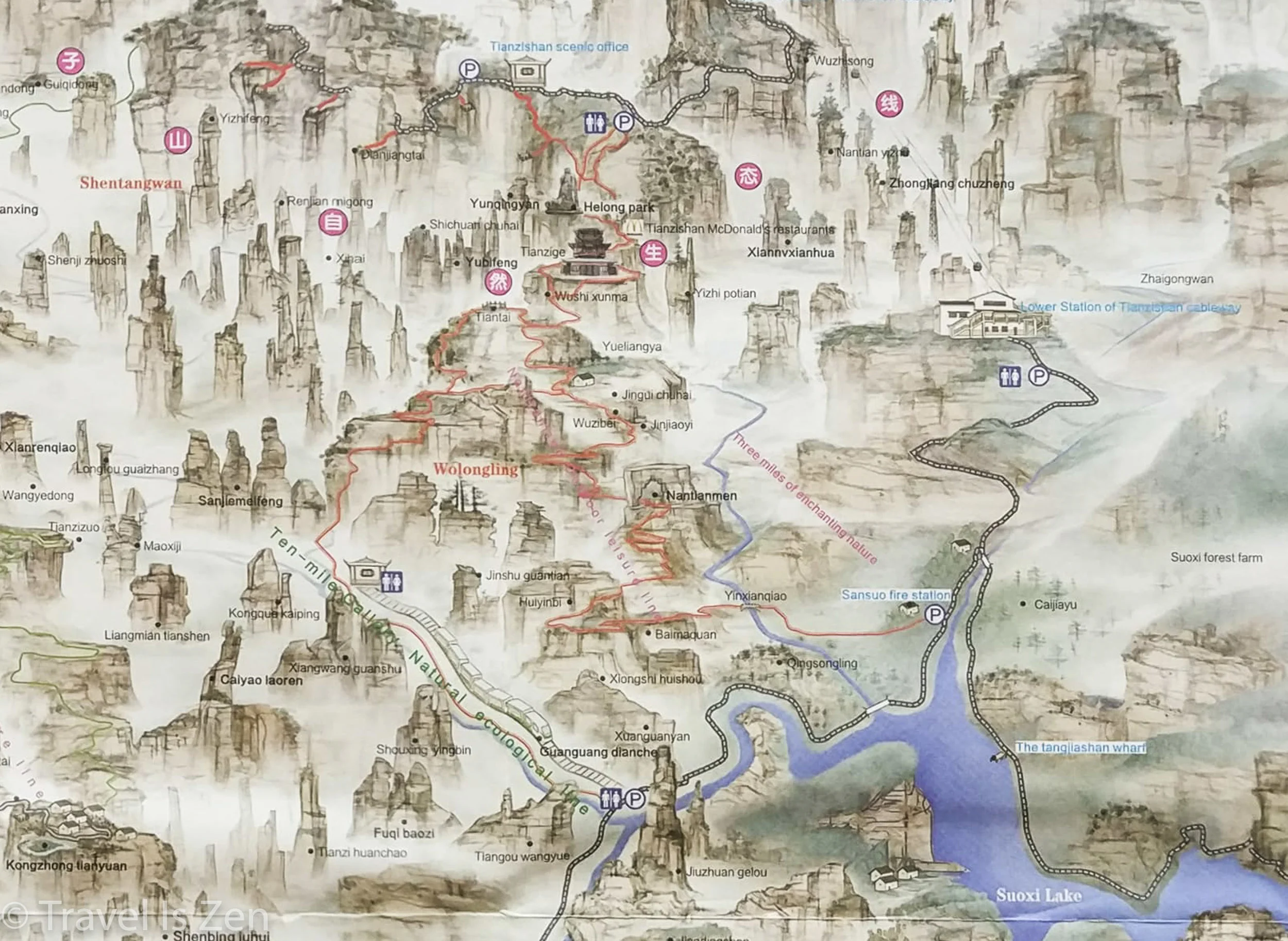 Tianzi Mountain and Ten Mile Gallery map - red lines denote walking trail