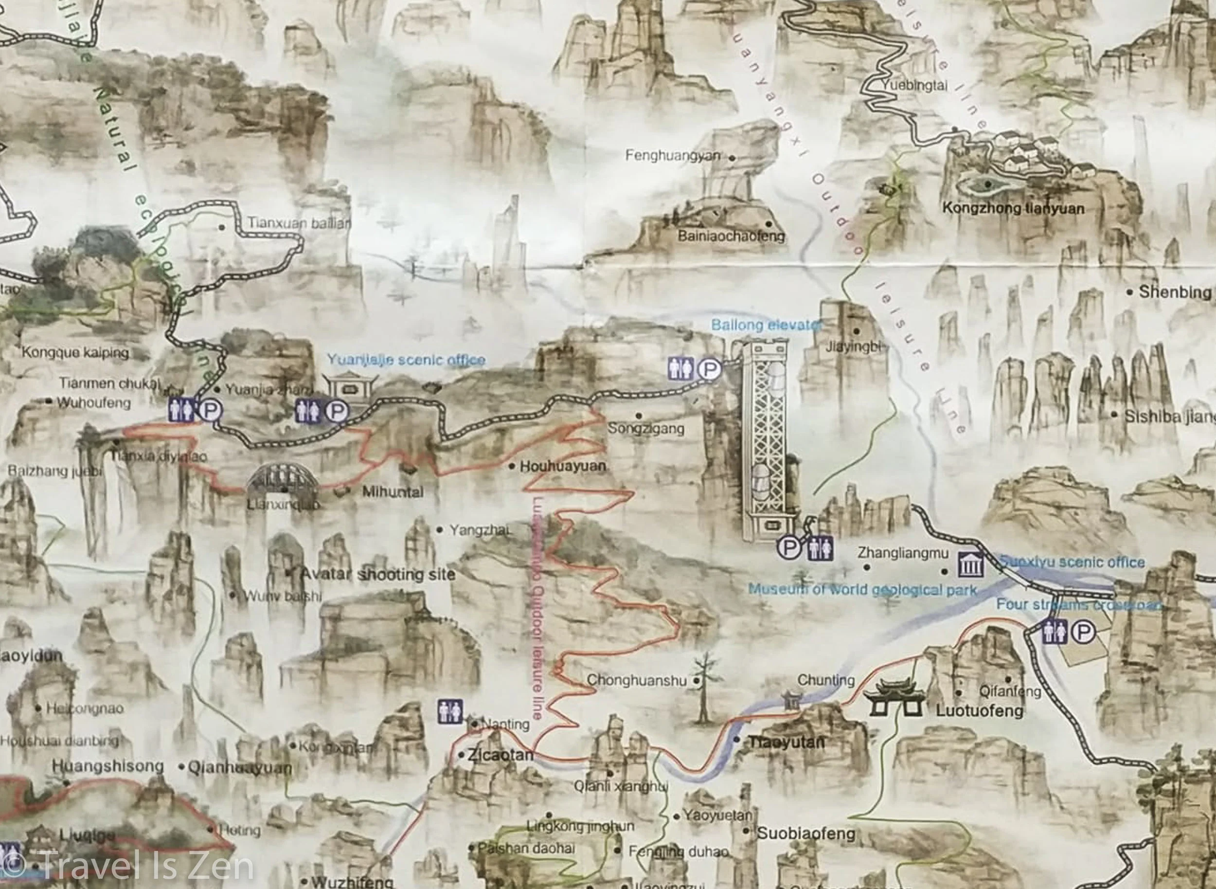 Yuanjiajie Avatar cliff walk and descending hike - red lines denote walking trails