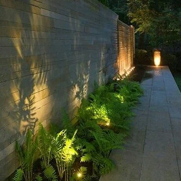 Accent lights create bold sillouhettes against this wall.