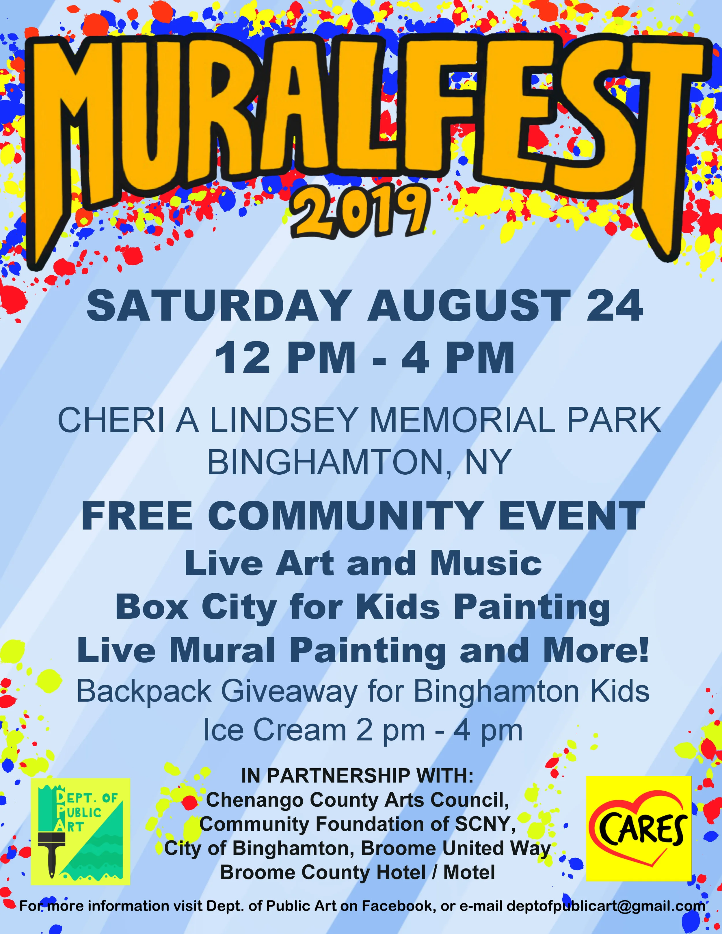 Join us May 5th 2018 for Mural Fest part 2 at Floral Ave Park. We still have some grant money to spend beautifying this great park in Johnson City, NY. We are doing more permanent murals as well as an art supply giveaway, kids activities, lots of music, BBQ, and more!