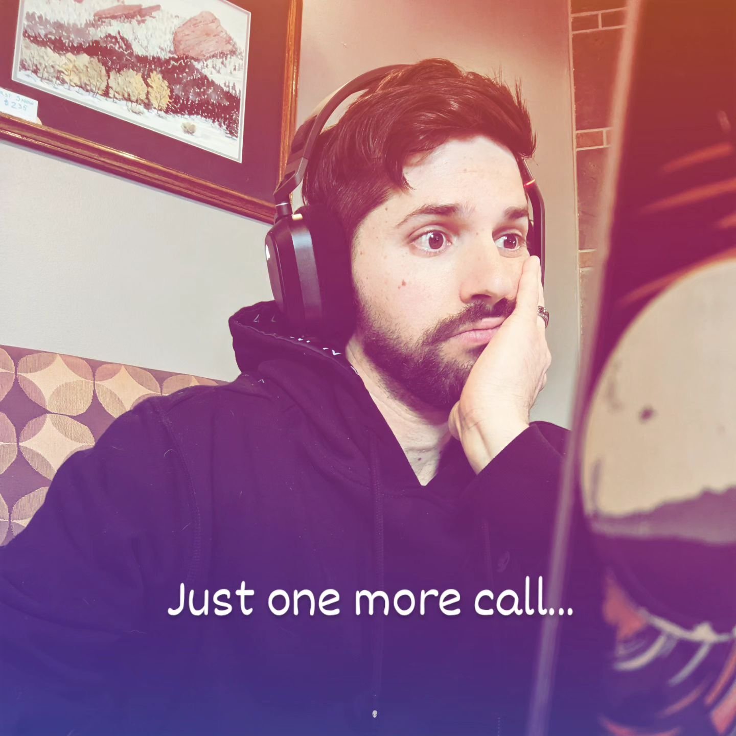 That feeling of counting the minutes until you're off work so you can start working on video games again, but as an indie pop album cover.