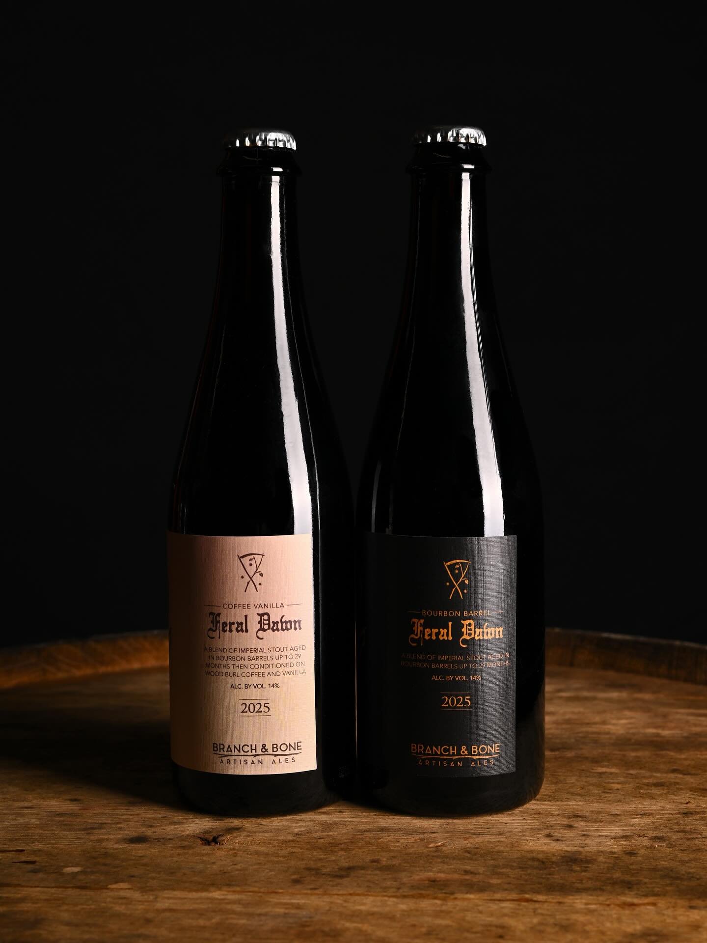 Hoooweee! Check out those attractive bottles. Starting at noon, this Saturday, we&rsquo;re releasing Feral Dawn &lsquo;25, a 14% imperial stout aged in bourbon barrels up to 29 months, along with Coffee Vanilla Feral Dawn &lsquo;25. Coffee Vanilla wa