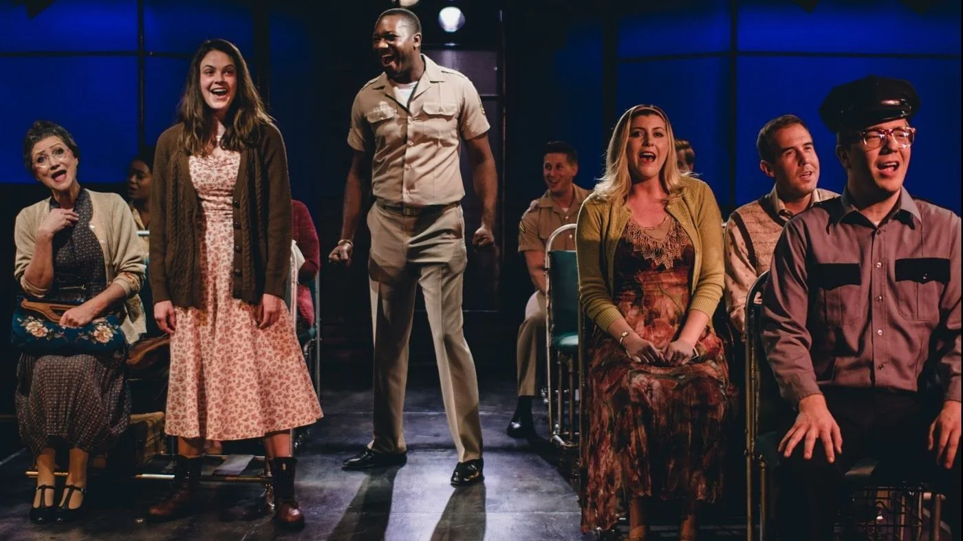 "Violet" at Actors Co-op with Claire Adams and Jahmaul Bakare, standing, as the title character and her new acquaintance, Flick. (Matthew Gilmore)