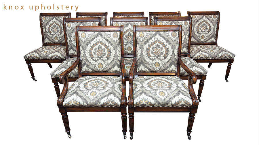 Set of 9 dining room upholstered chairs with nailhead trim by Knox Upholstery  (Copy)