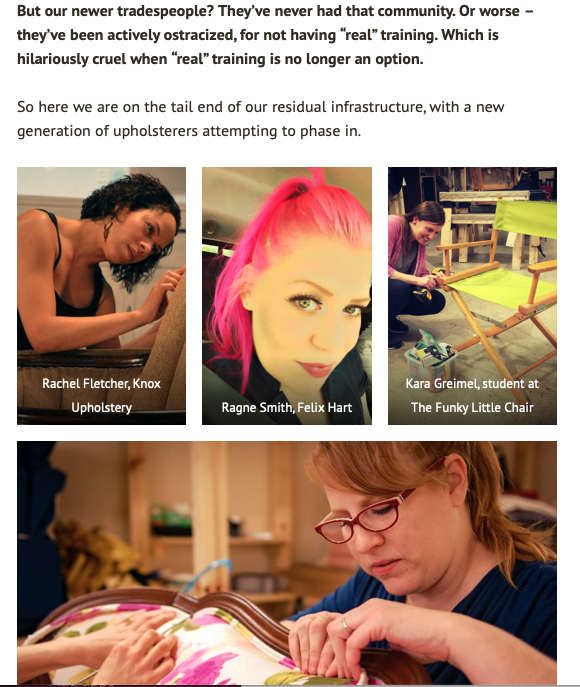 The Funky Little Chair features Rachel Fletcher of Knox Upholstery along with Chick and a Chair and Felix Hart.