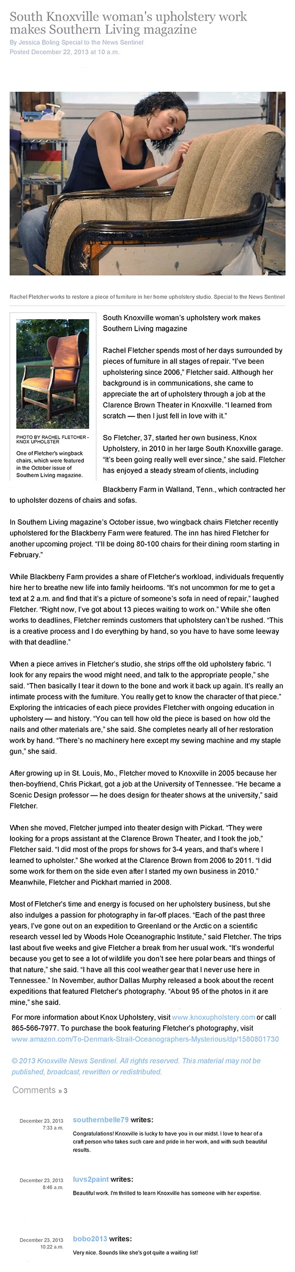Click image to be taken to the large view to read. Rachel Fletcher of Knox Upholstery.