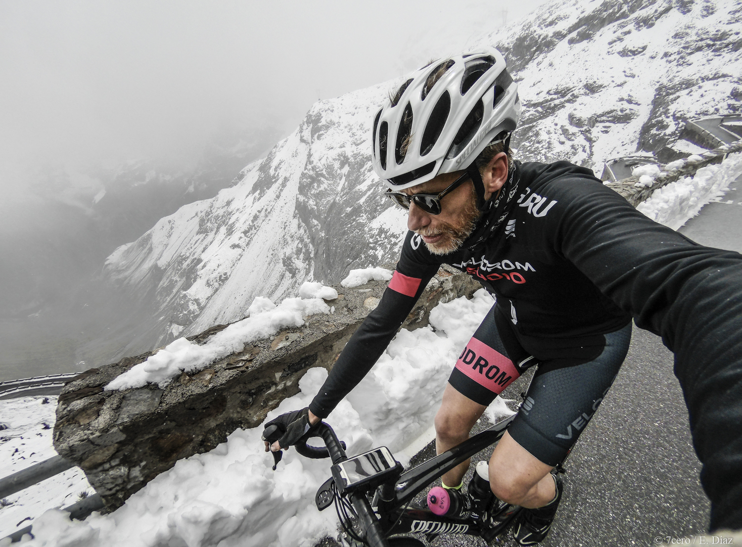 Epic adventures last forever. Enrique conquers the mighty Stelvio pass, Italy in the snow.