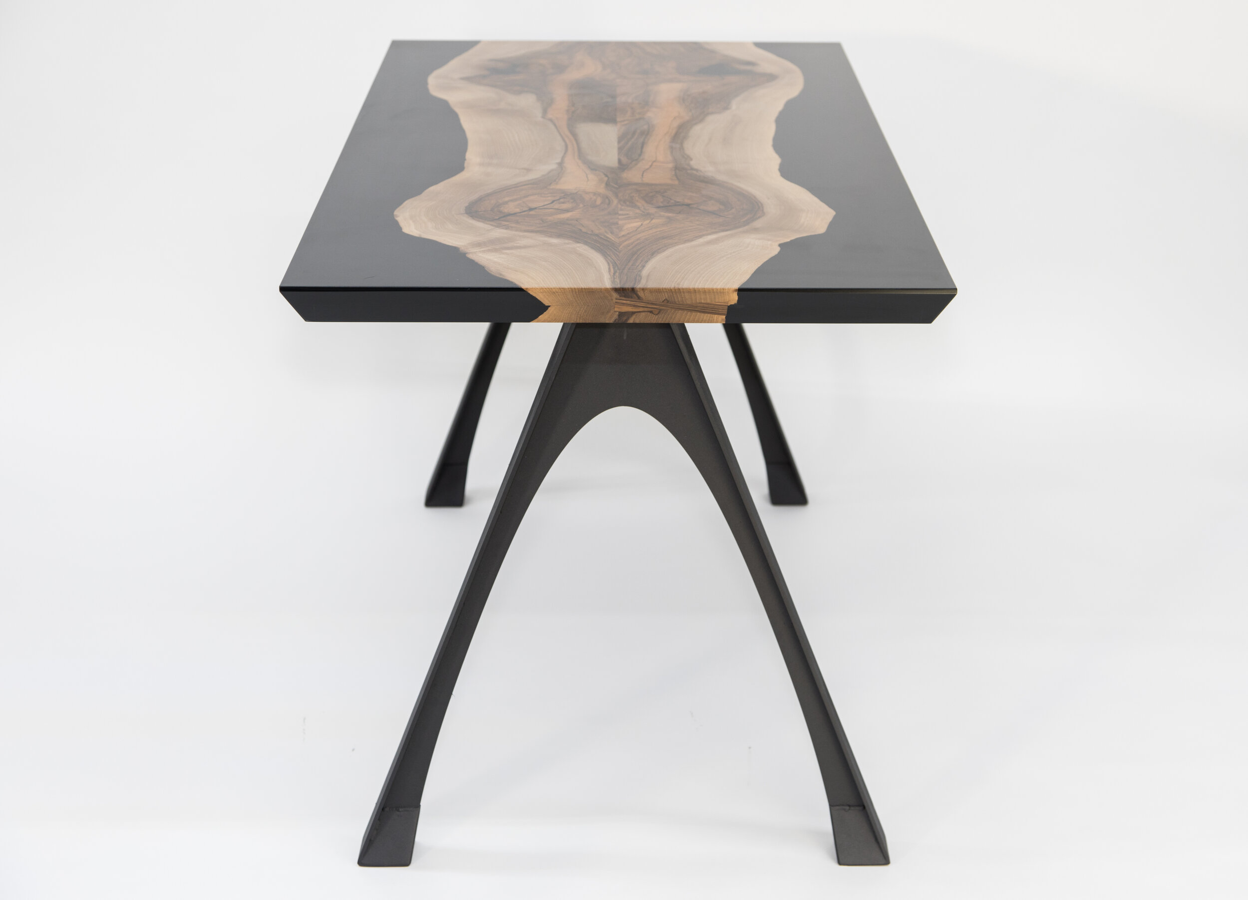 black epoxy and walnut wood modern desk steel legs