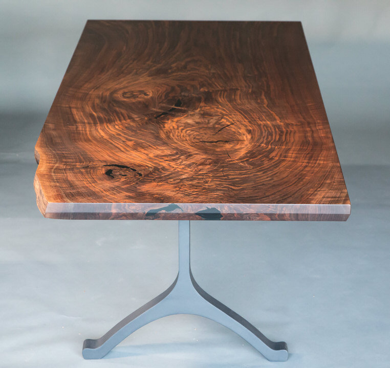 claro walnut single slab dining table steel legs