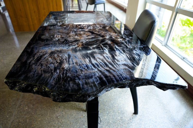Black Epoxy River Table With Custom Metal Base – Collective Arts Media