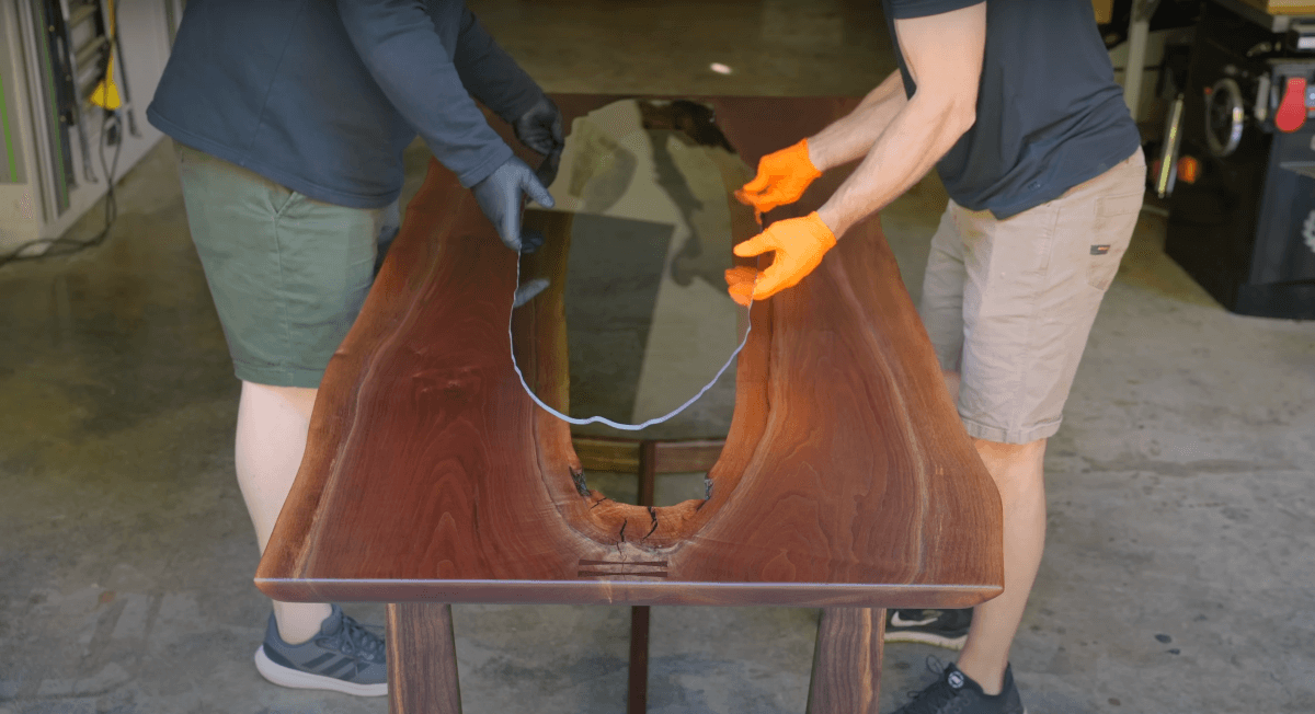 Adding the glass to a handmade glass table
