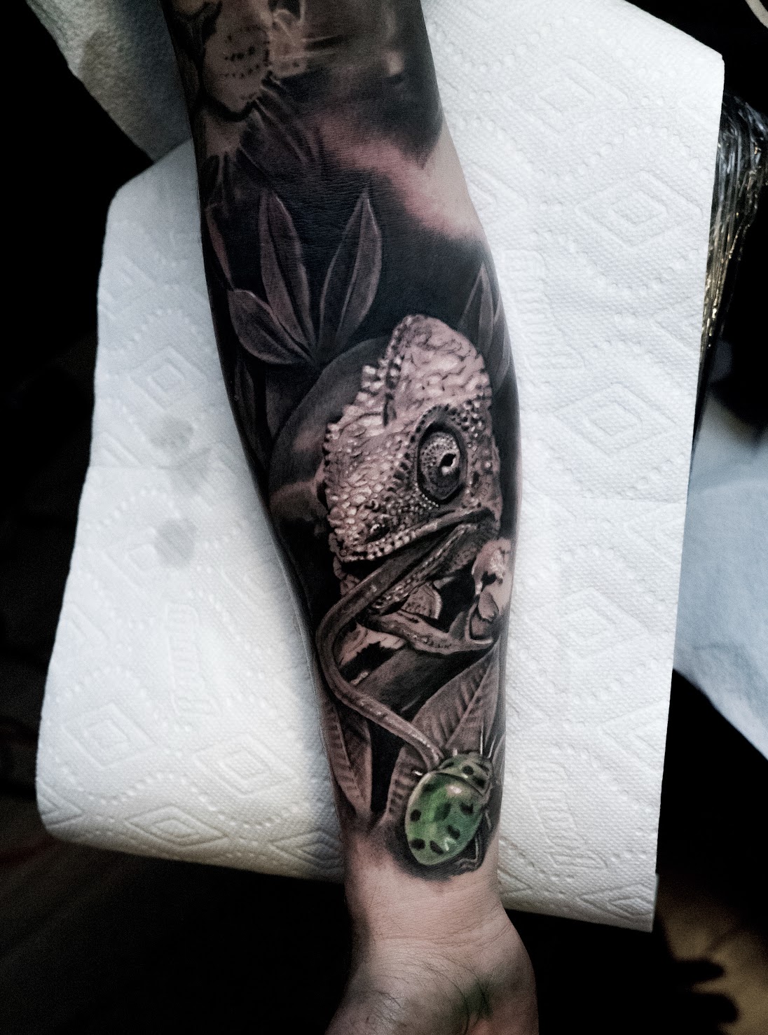 Photorealistic chameleon tattoo by Scoot Ink