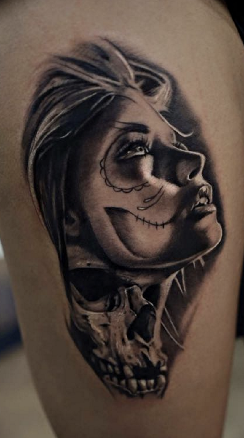 Photorealistic woman tattoo by Scoot Ink